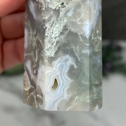 Polished Druzy Moss Agate Tower