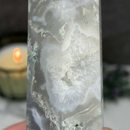 Polished Druzy Moss Agate Tower
