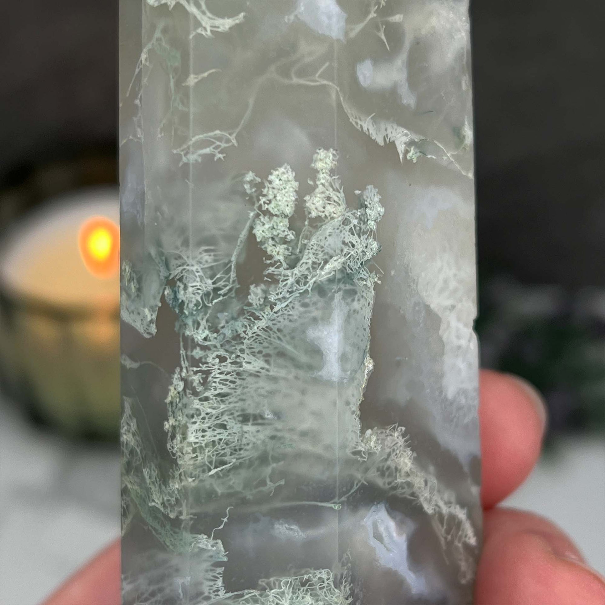 Polished Druzy Moss Agate Tower
