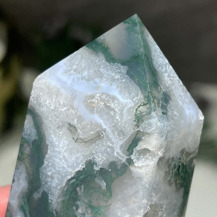 Polished Druzy Moss Agate Tower