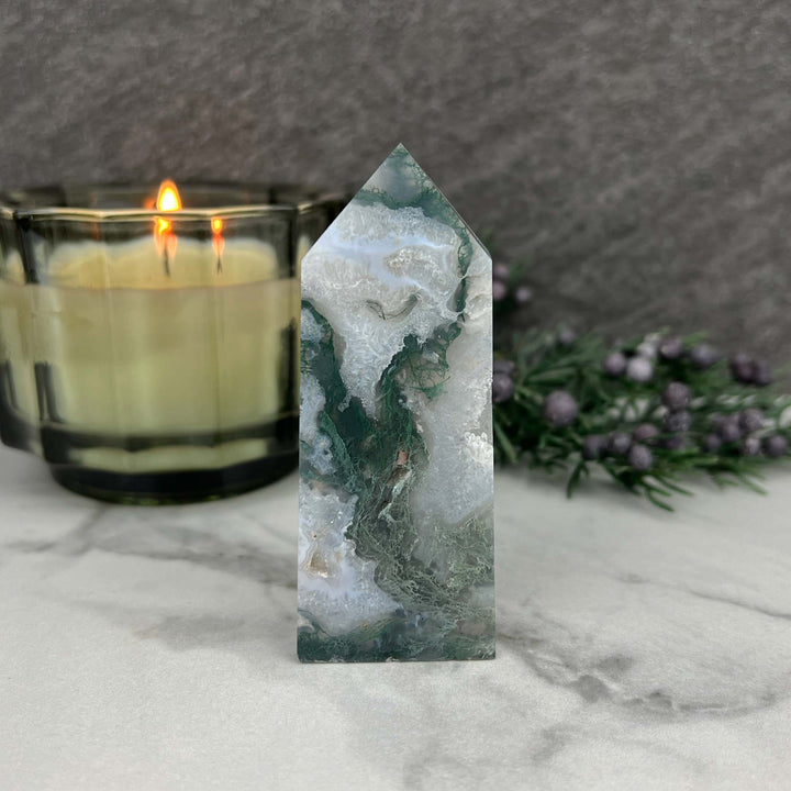 Polished Druzy Moss Agate Tower