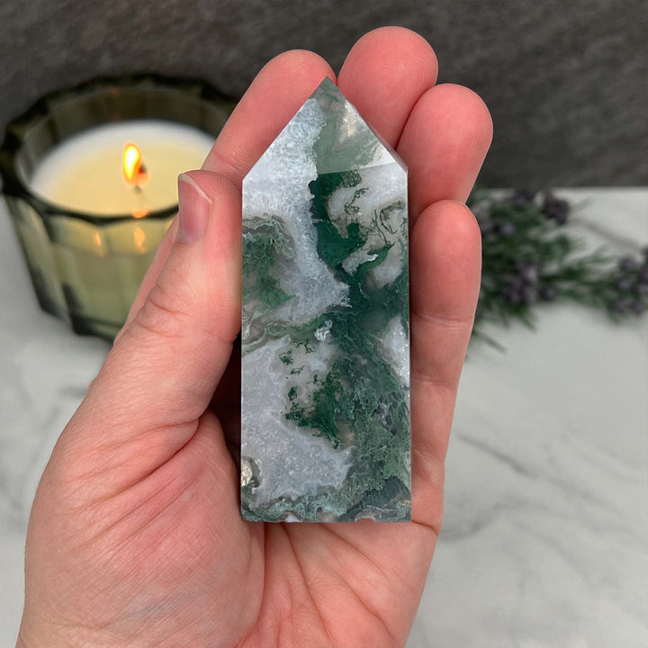 Polished Druzy Moss Agate Tower