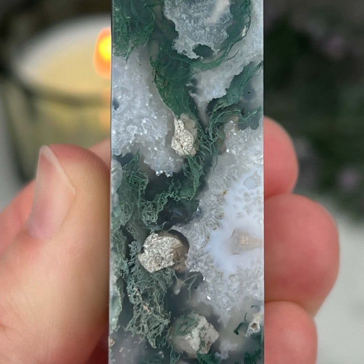 Polished Druzy Moss Agate Tower