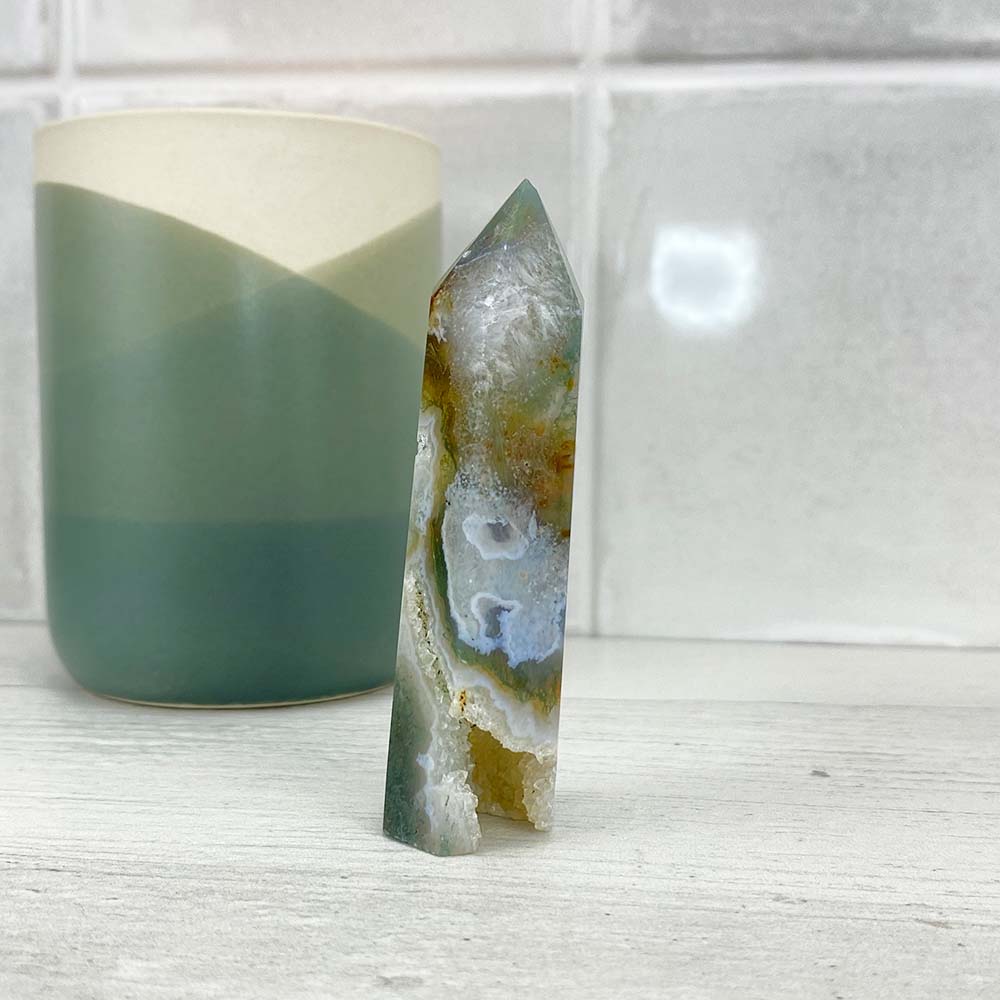 Polished Druzy Moss Agate Tower