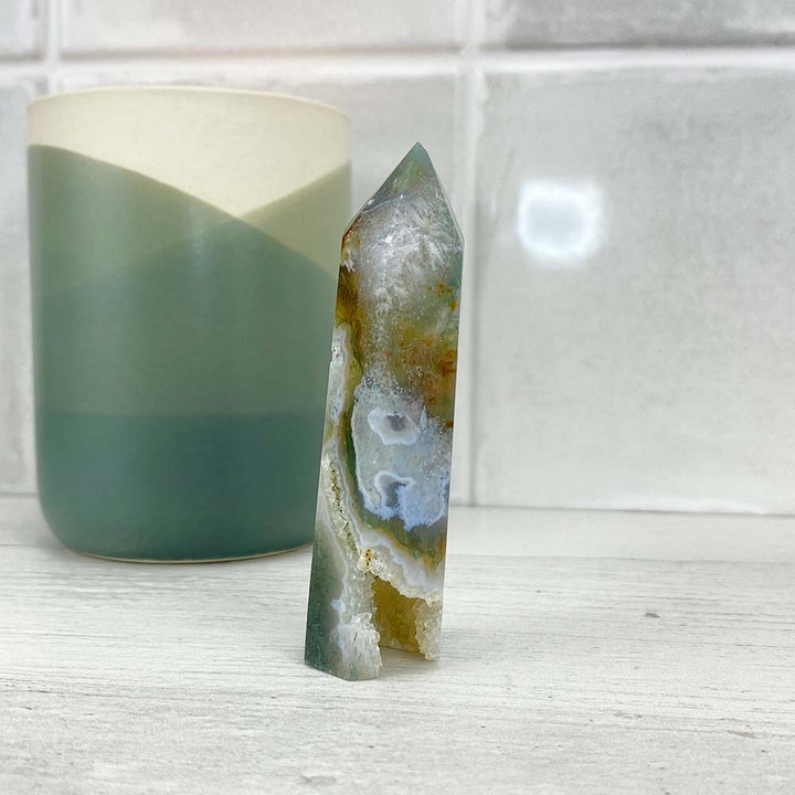 Polished Druzy Moss Agate Tower