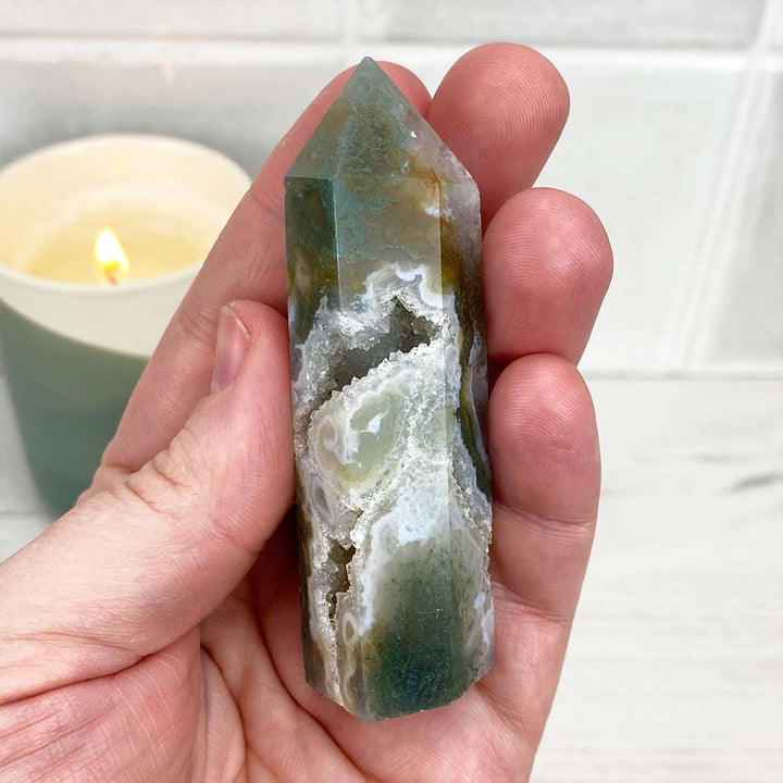 Polished Druzy Moss Agate Tower