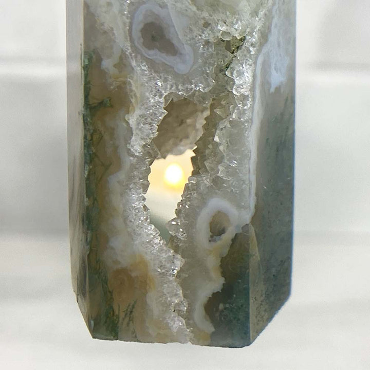 Polished Druzy Moss Agate Tower