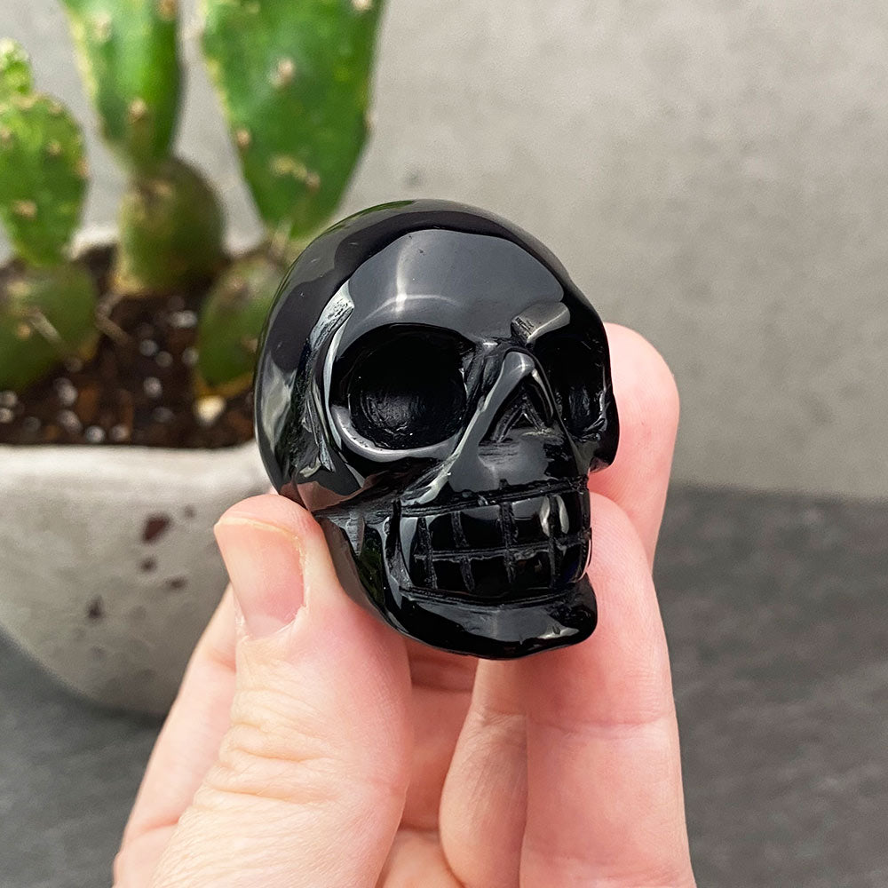 Polished Black Obsidian Skull Carving