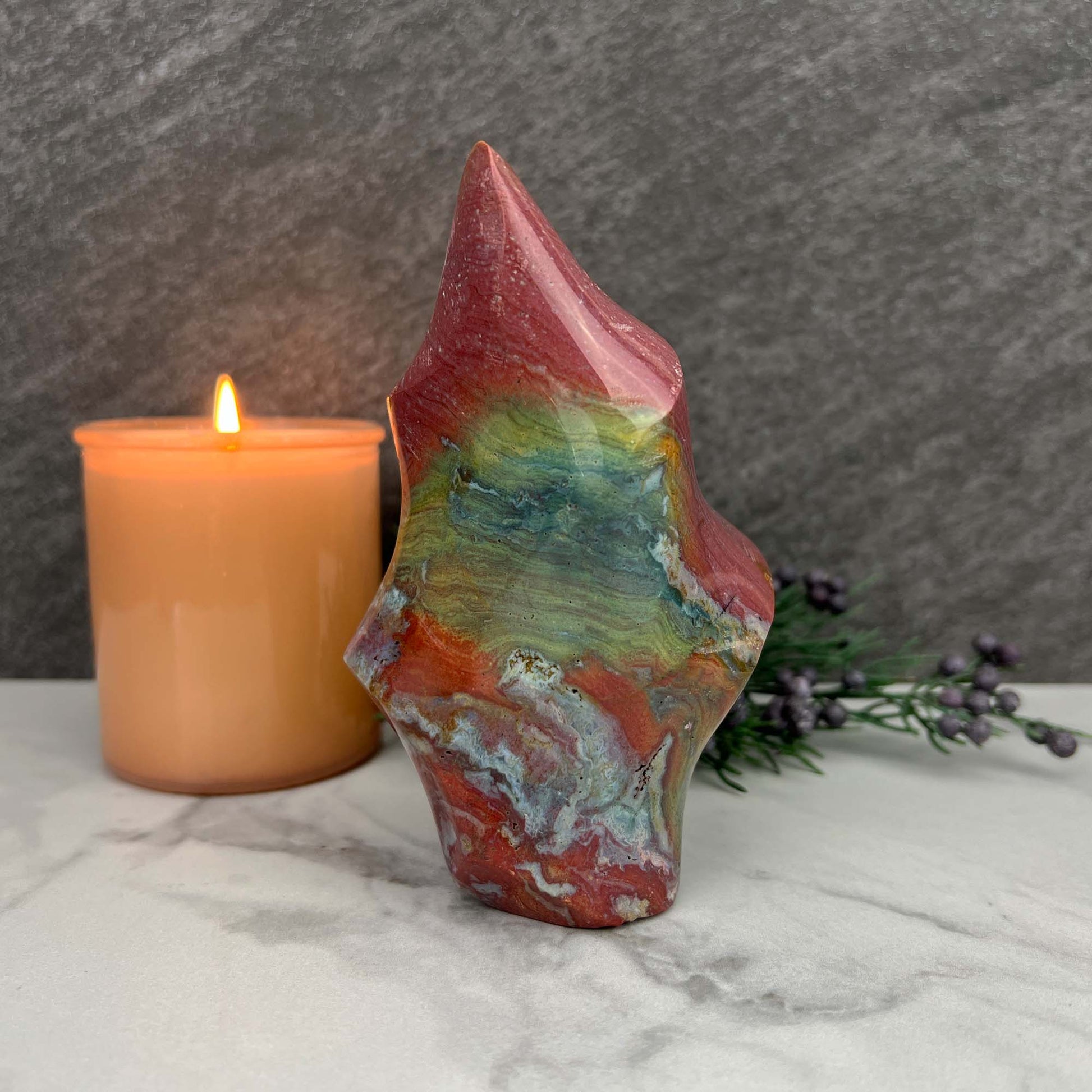 Uniquely Colored Ocean Jasper Flame Carving