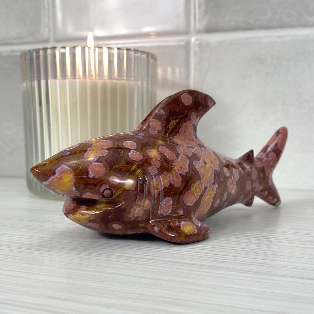 Polished Ocean Jasper Great White Shark Carving