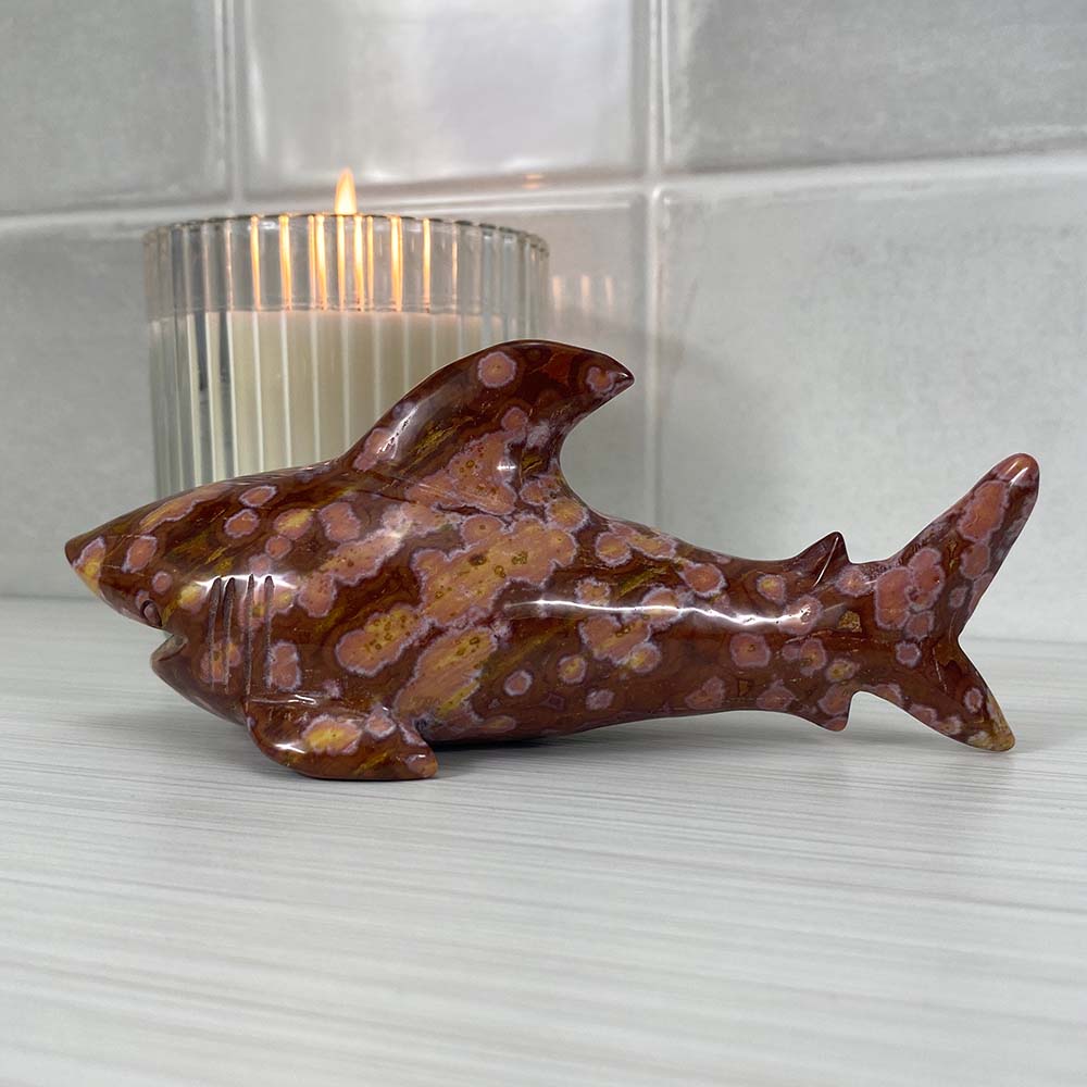 Polished Ocean Jasper Great White Shark Carving