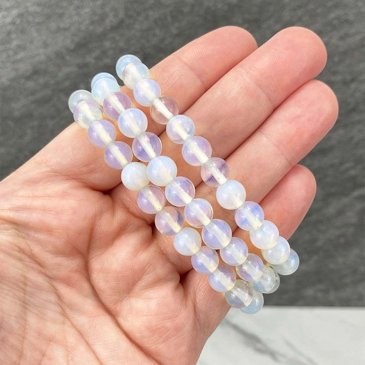 Polished Opalite Glass Beaded Stretch Bracelet