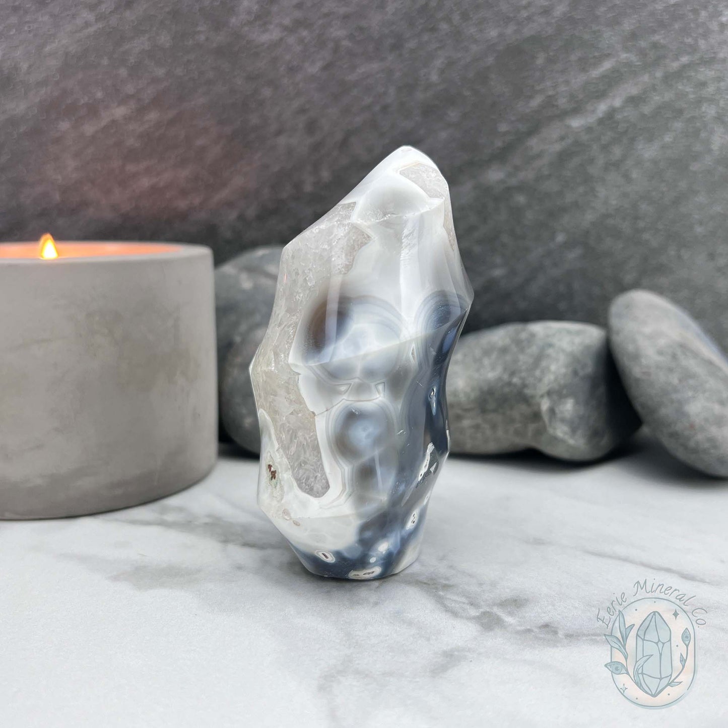 Polished Orca Agate With Crackle Quartz Flame