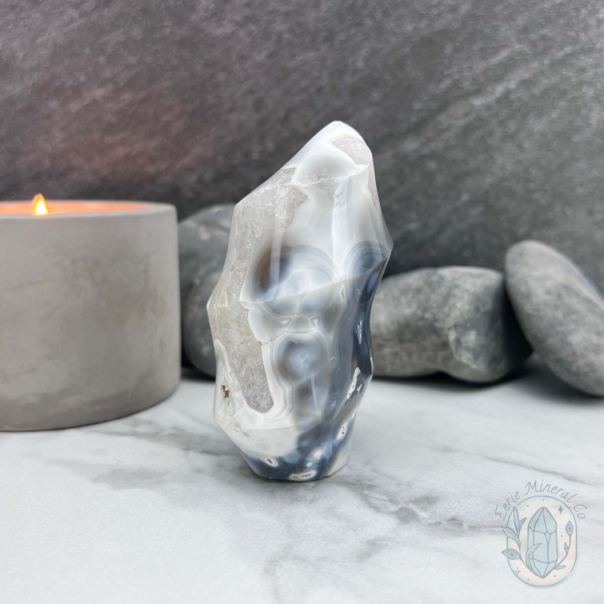 Polished Orca Agate With Crackle Quartz Flame