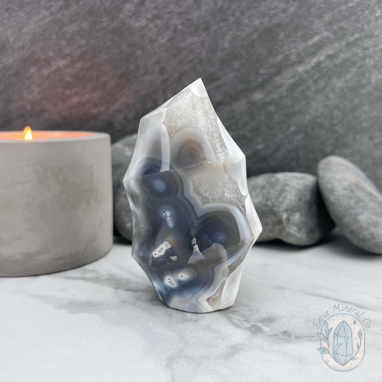 Polished Orca Agate With Crackle Quartz Flame