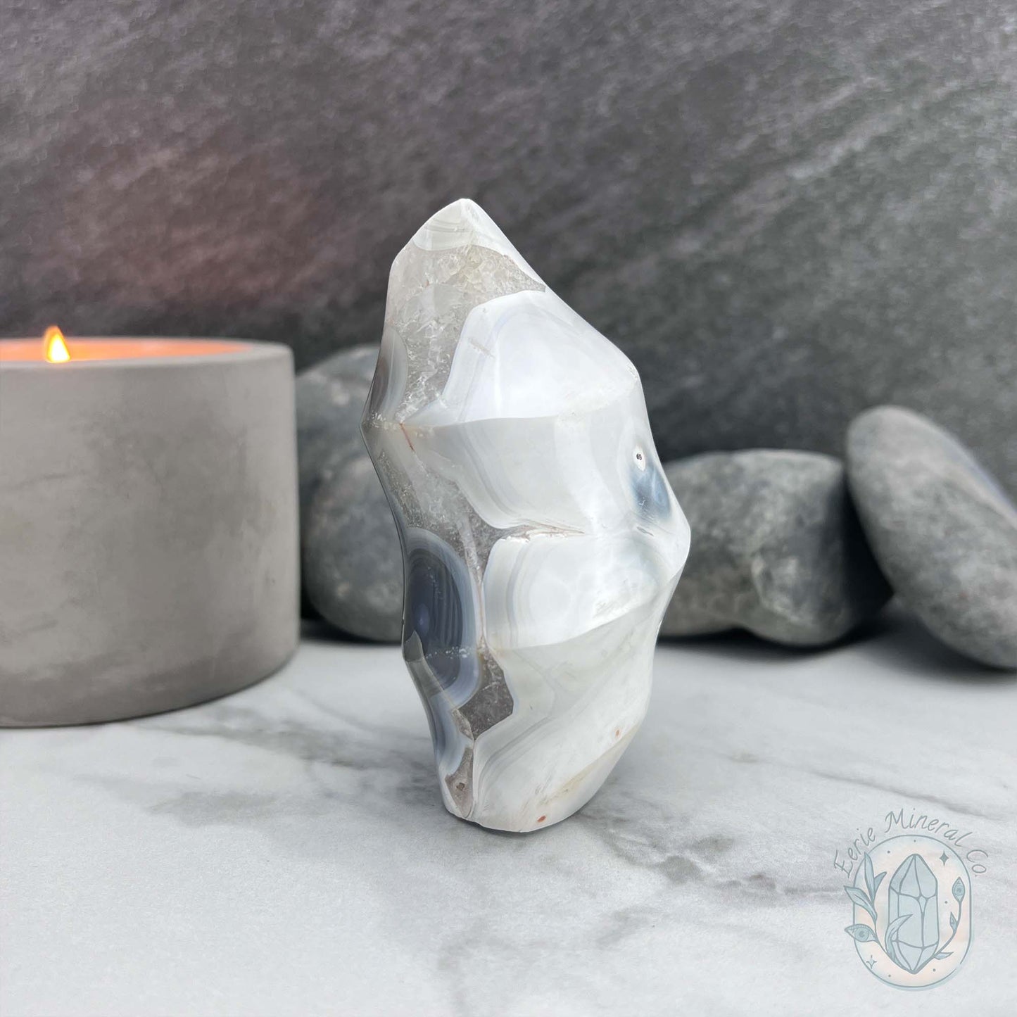 Polished Orca Agate With Crackle Quartz Flame