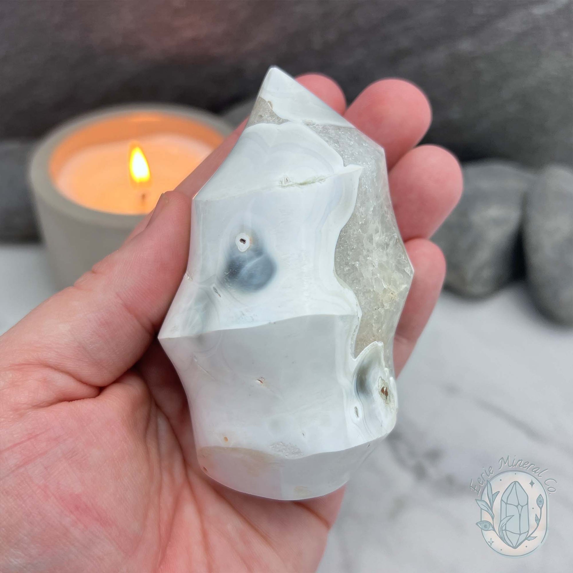 Polished Orca Agate With Crackle Quartz Flame