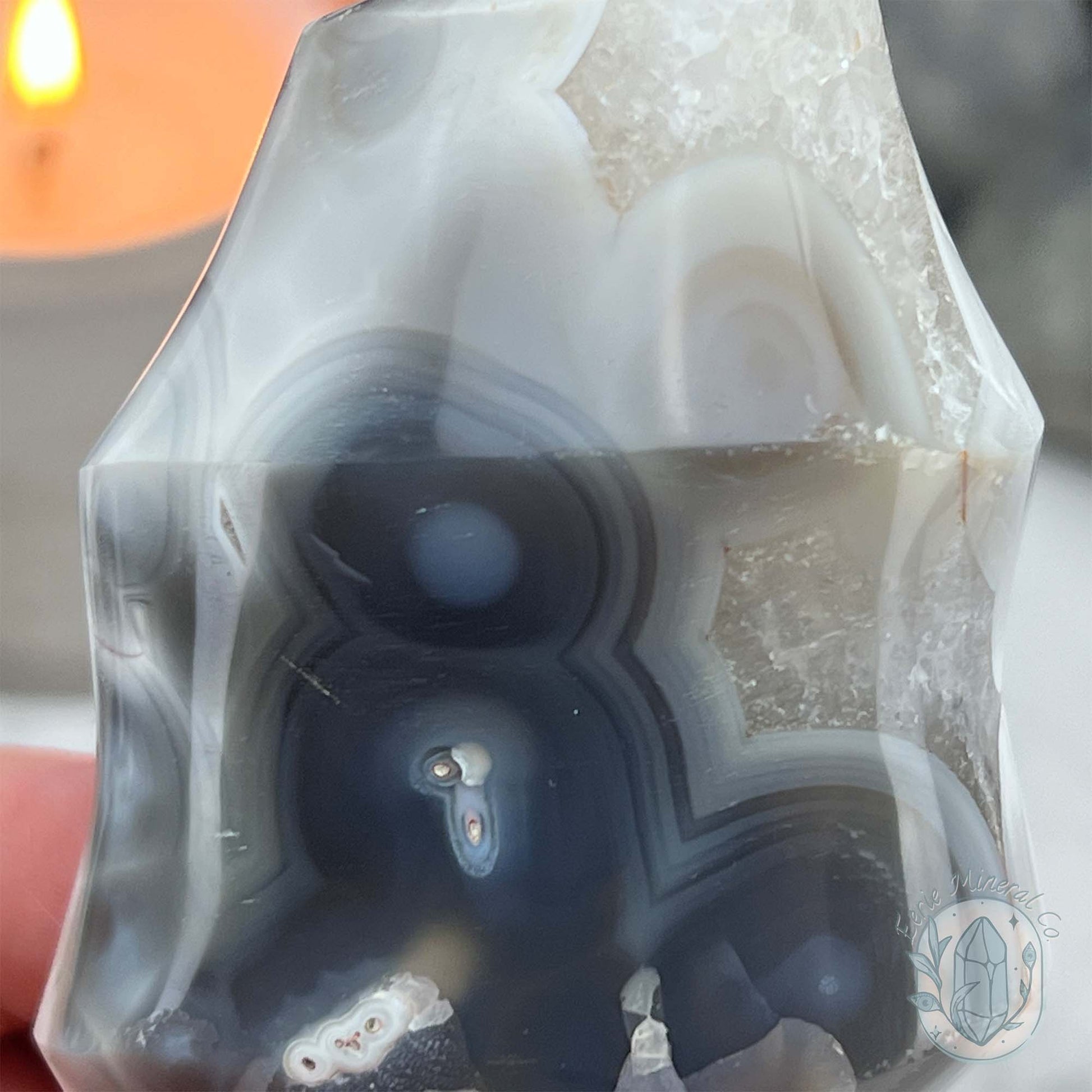 Polished Orca Agate With Crackle Quartz Flame