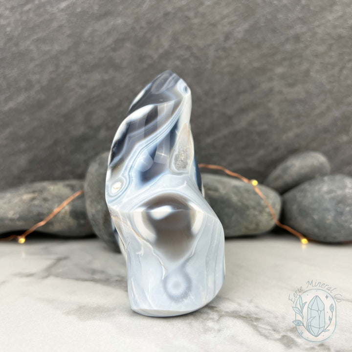Polished Black & White Orca Agate Flame Carving