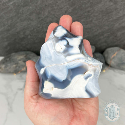 Polished Black & White Orca Agate Flame Carving