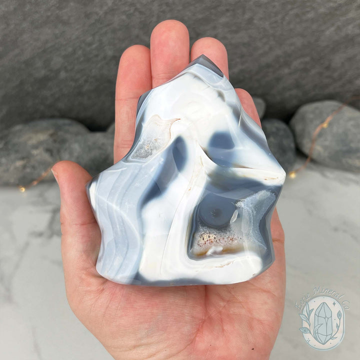 Polished Black & White Orca Agate Flame Carving