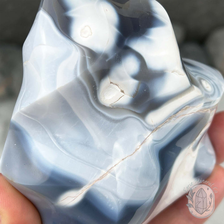 Polished Black & White Orca Agate Flame Carving