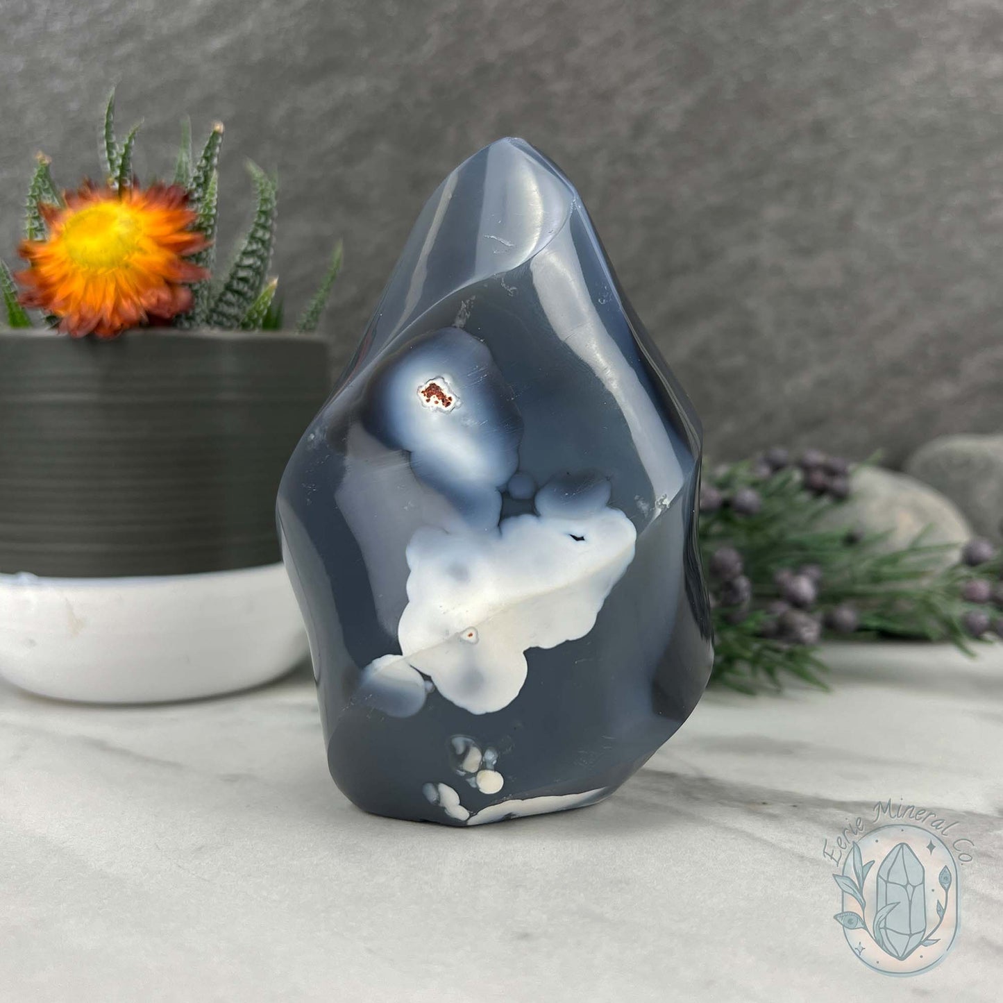 Polished Black and White Orca Agate Flame