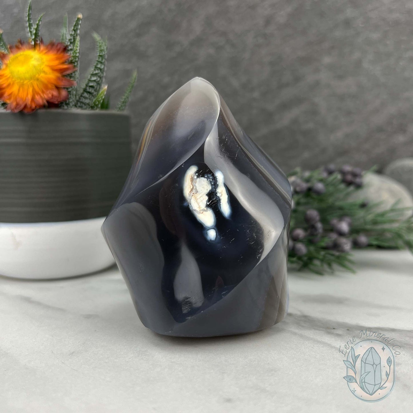 Polished Black and White Orca Agate Flame