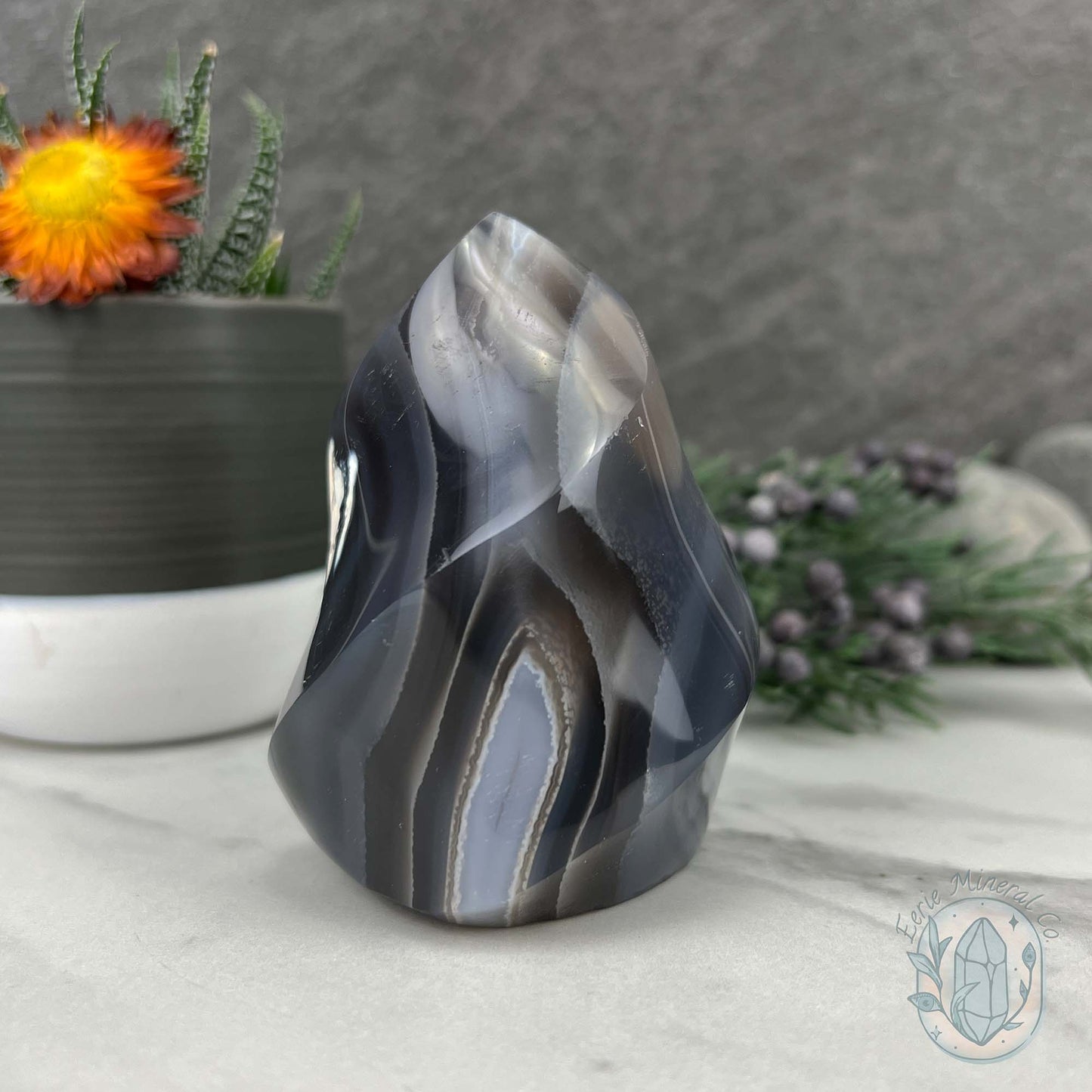 Polished Black and White Orca Agate Flame