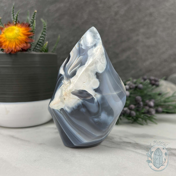 Polished Black and White Orca Agate Flame