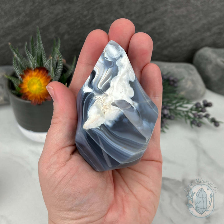 Polished Black and White Orca Agate Flame