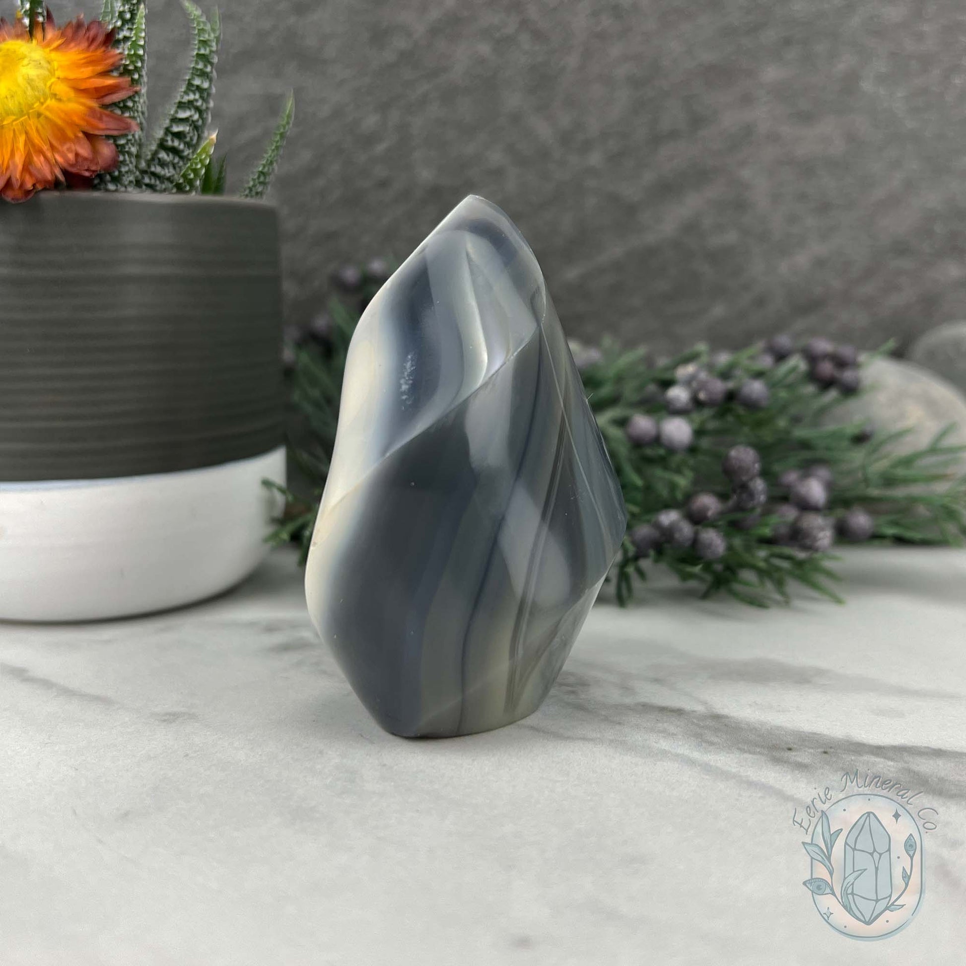 Polished Black and White Orca Agate Flame