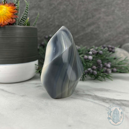 Polished Black and White Orca Agate Flame