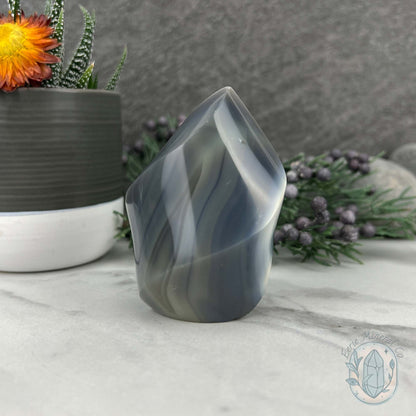 Polished Black and White Orca Agate Flame
