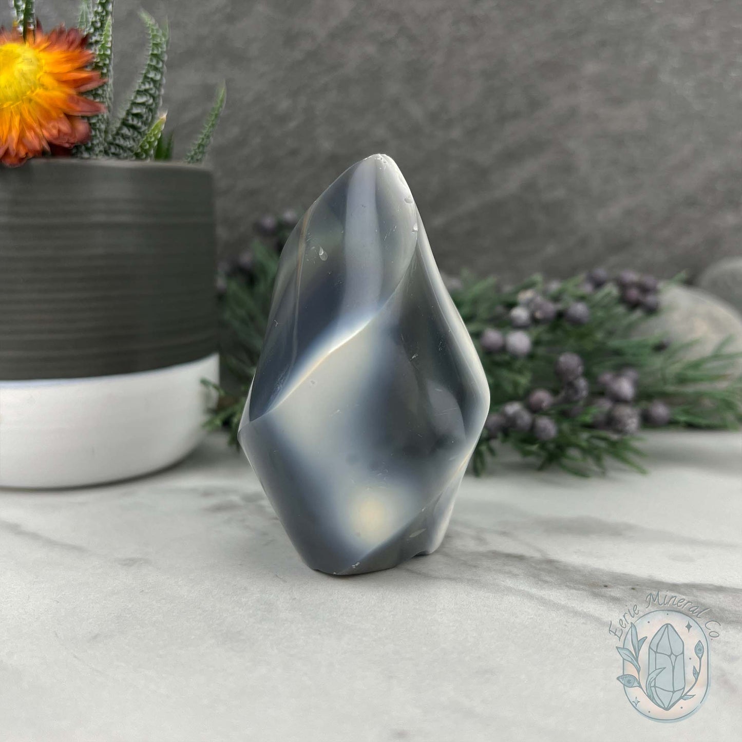 Polished Black and White Orca Agate Flame