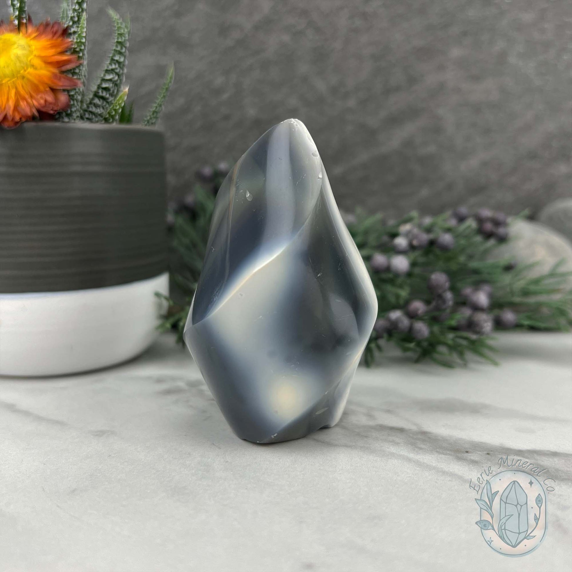 Polished Black and White Orca Agate Flame