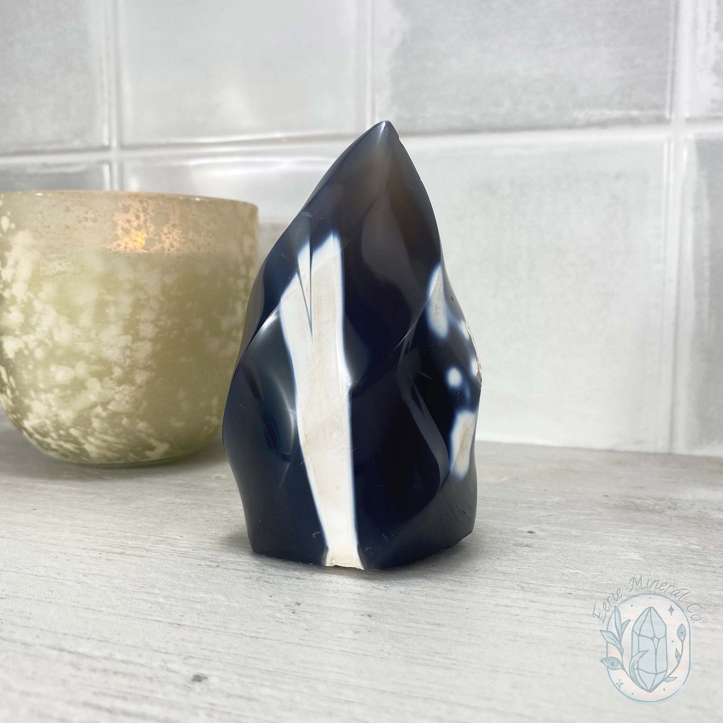 Polished Black and White Orca Agate Flame