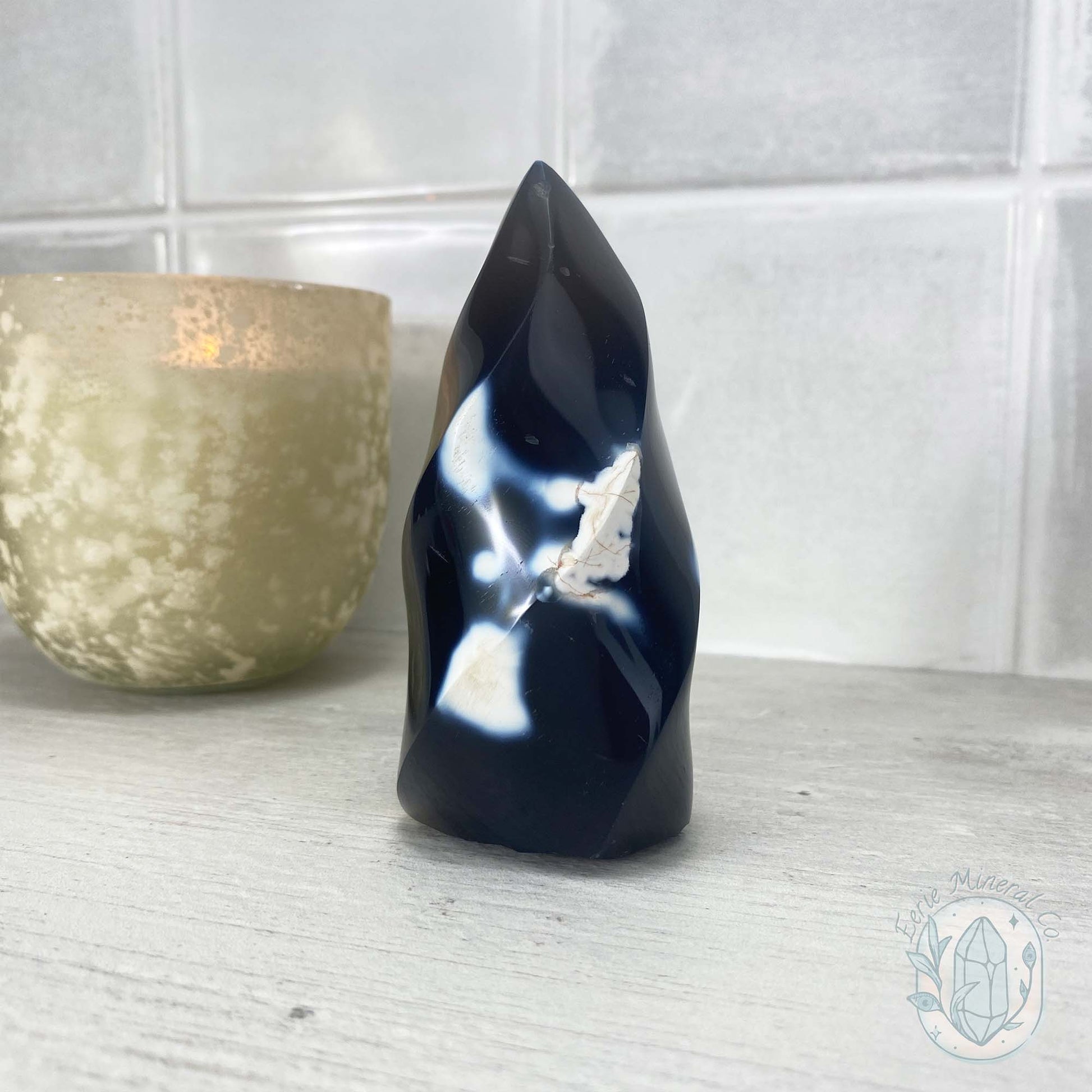 Polished Black and White Orca Agate Flame