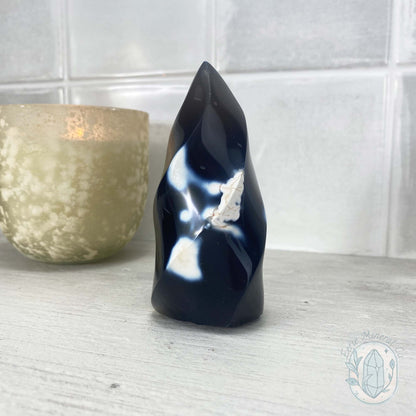 Polished Black and White Orca Agate Flame