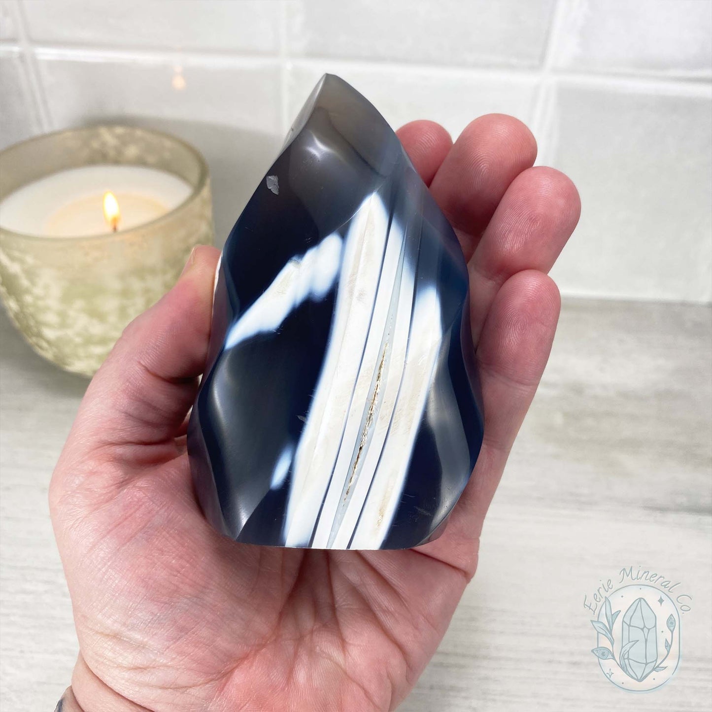 Polished Black and White Orca Agate Flame