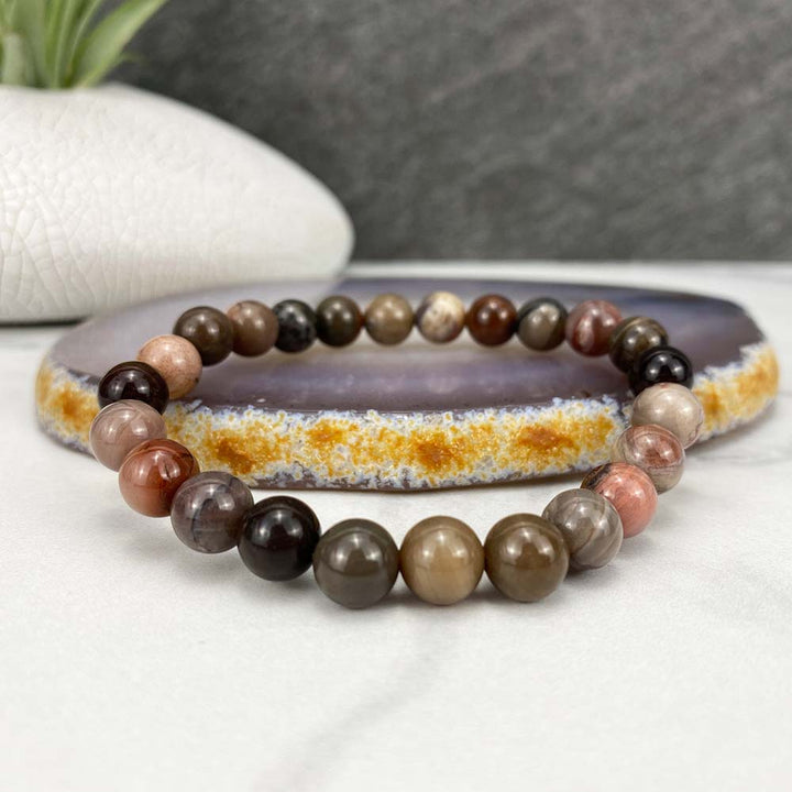 Polished Round Petrified Wood Beaded Stretch Bracelet