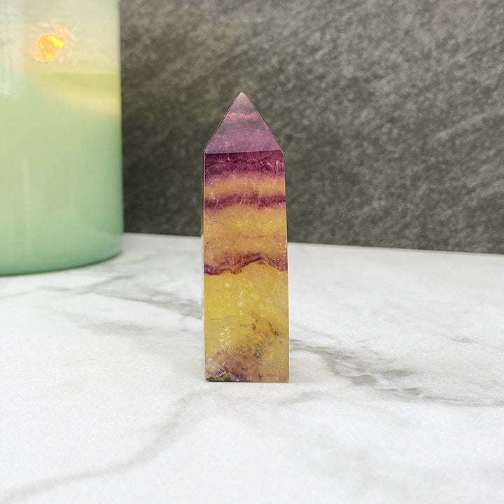 Polished Yellow and Purple Fluorite Tower