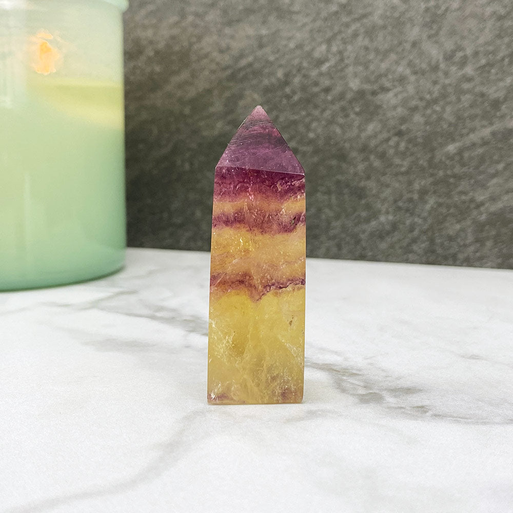 Polished Yellow and Purple Fluorite Tower