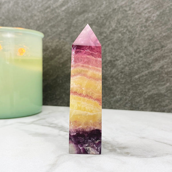 Polished Yellow and Purple Fluorite Tower