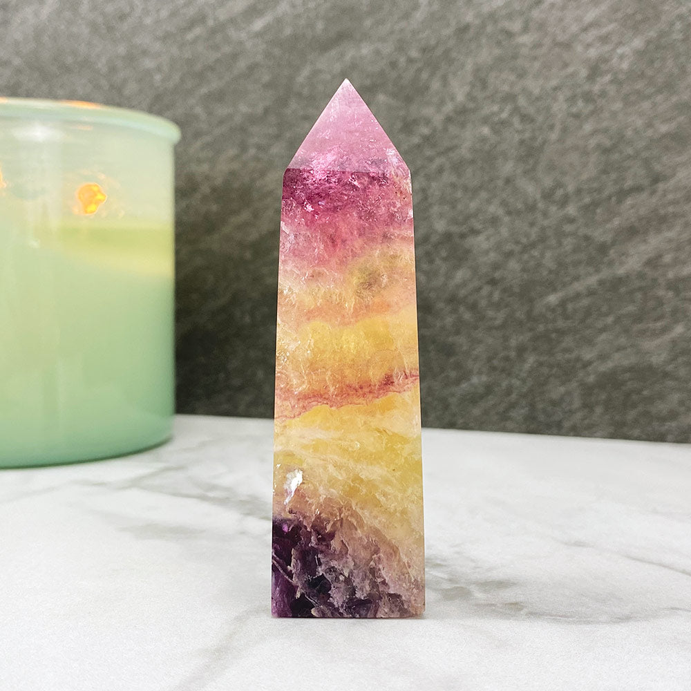 Polished Yellow and Purple Fluorite Tower