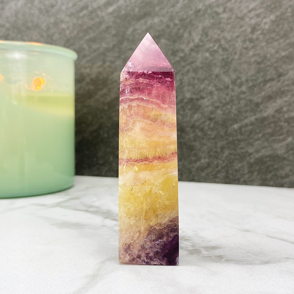 Polished Yellow and Purple Fluorite Tower