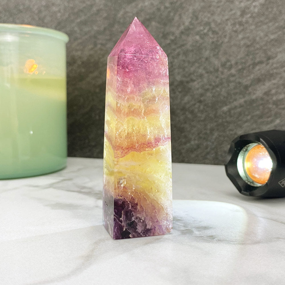 Polished Yellow and Purple Fluorite Tower