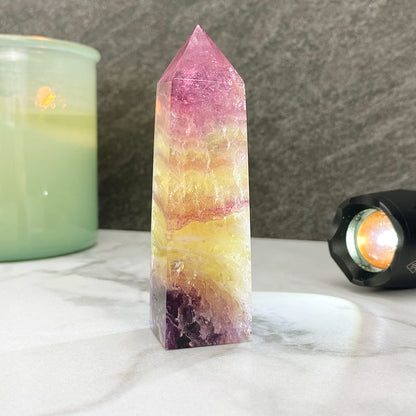 Polished Yellow and Purple Fluorite Tower
