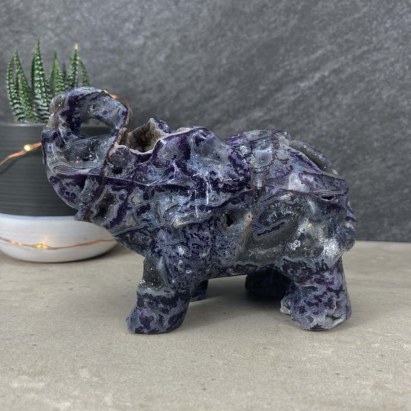 Polished Purple Fluorite Elephant Carving