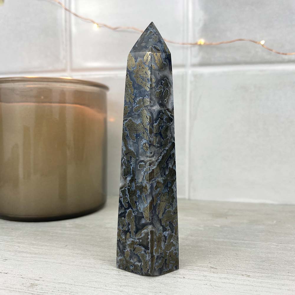 Polished Pyrite With Quartz and Agate Tower